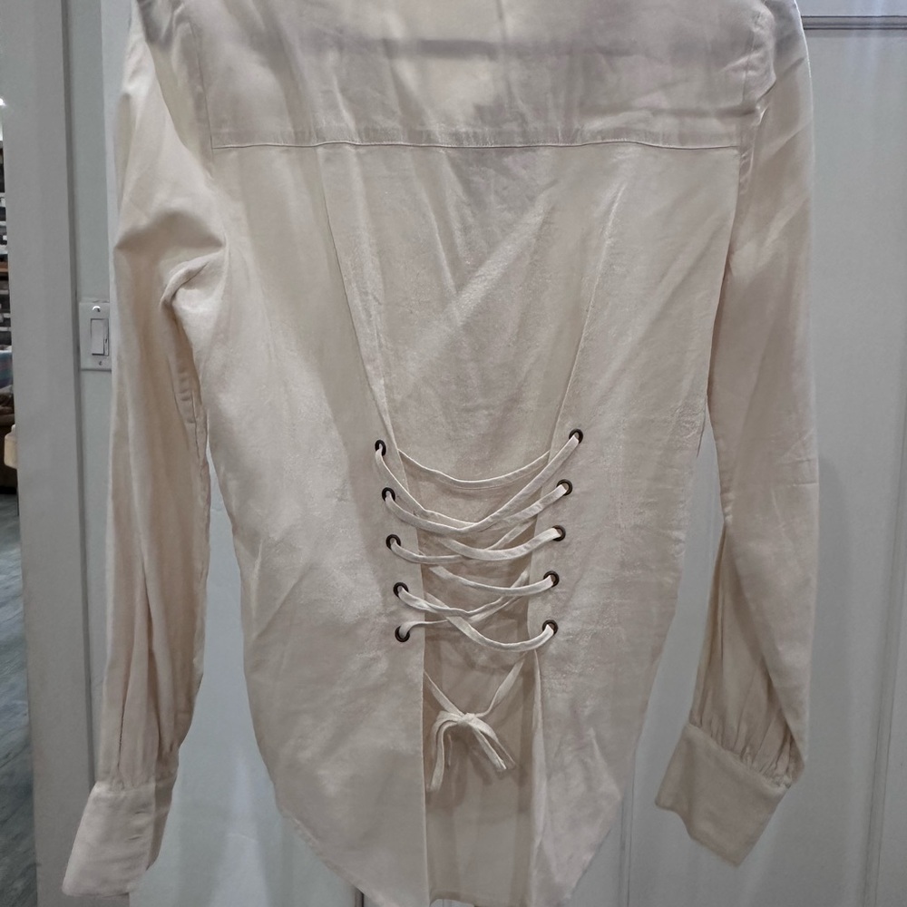 Ecru Cream Lace-Up Corseted Women's Blouse